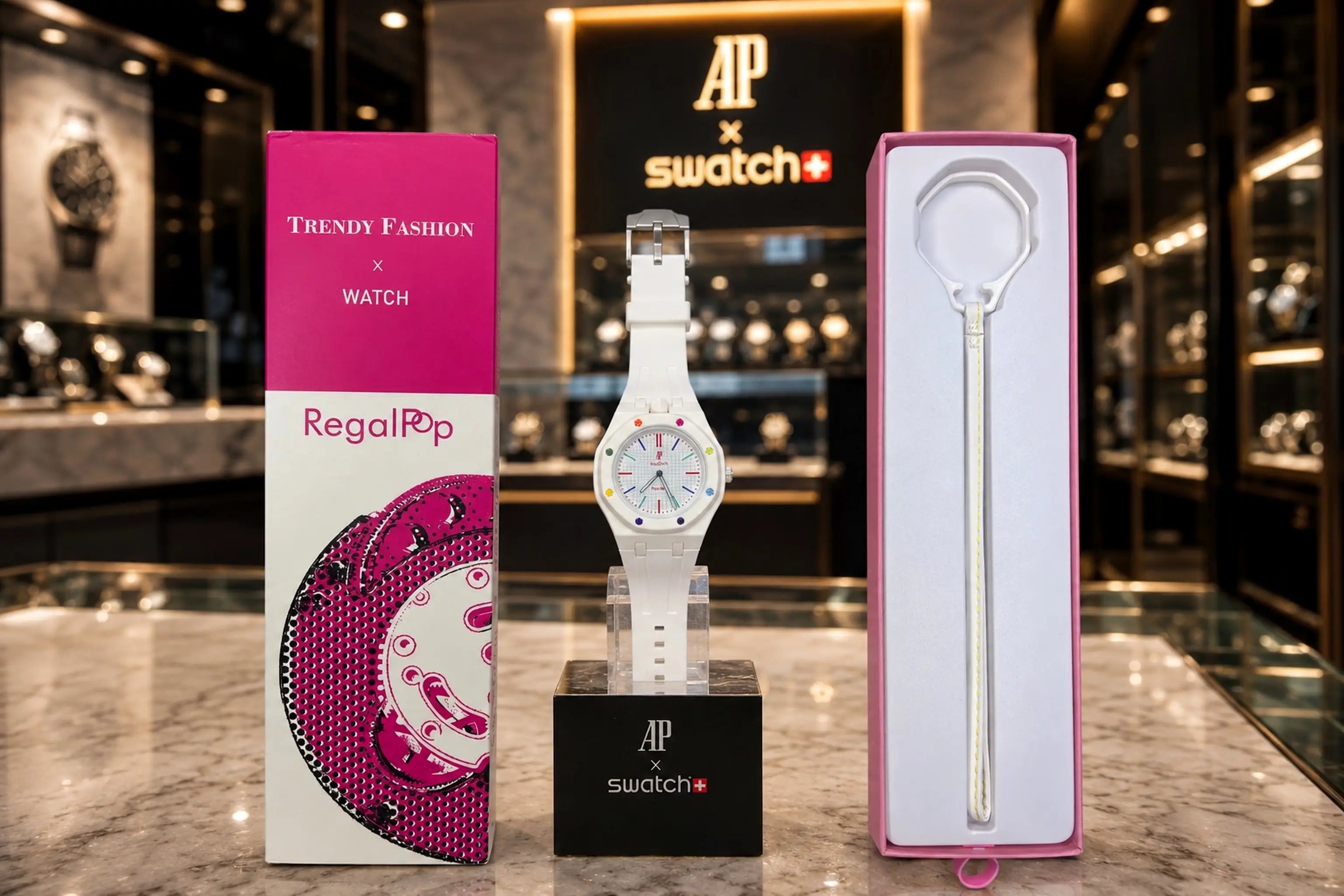 AP SWATC_H X ROYAL POP WITH BOX & SILICON STRAP WHITE