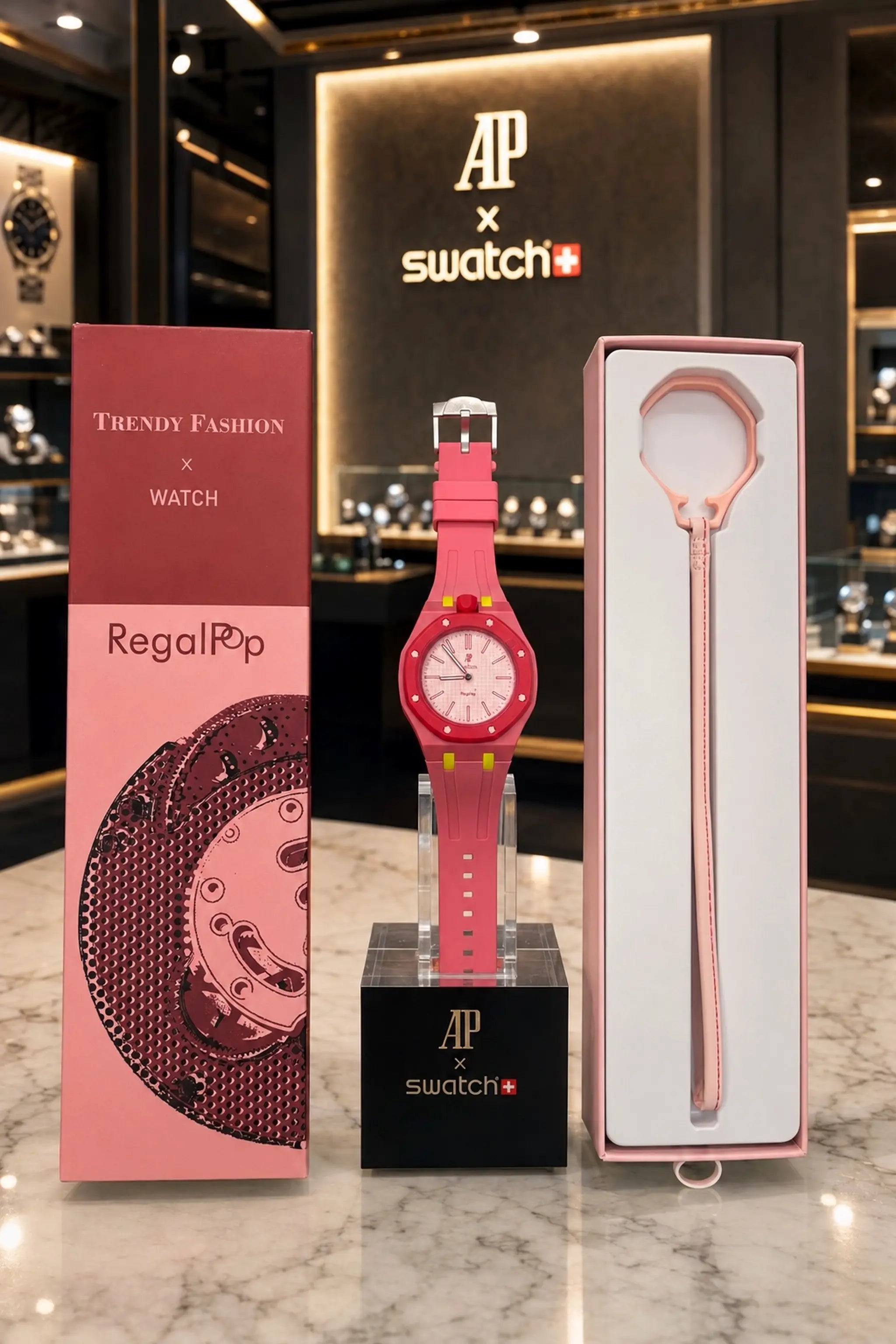 AP SWATC_H X ROYAL POP WITH BOX & SILICON STRAP PINK
