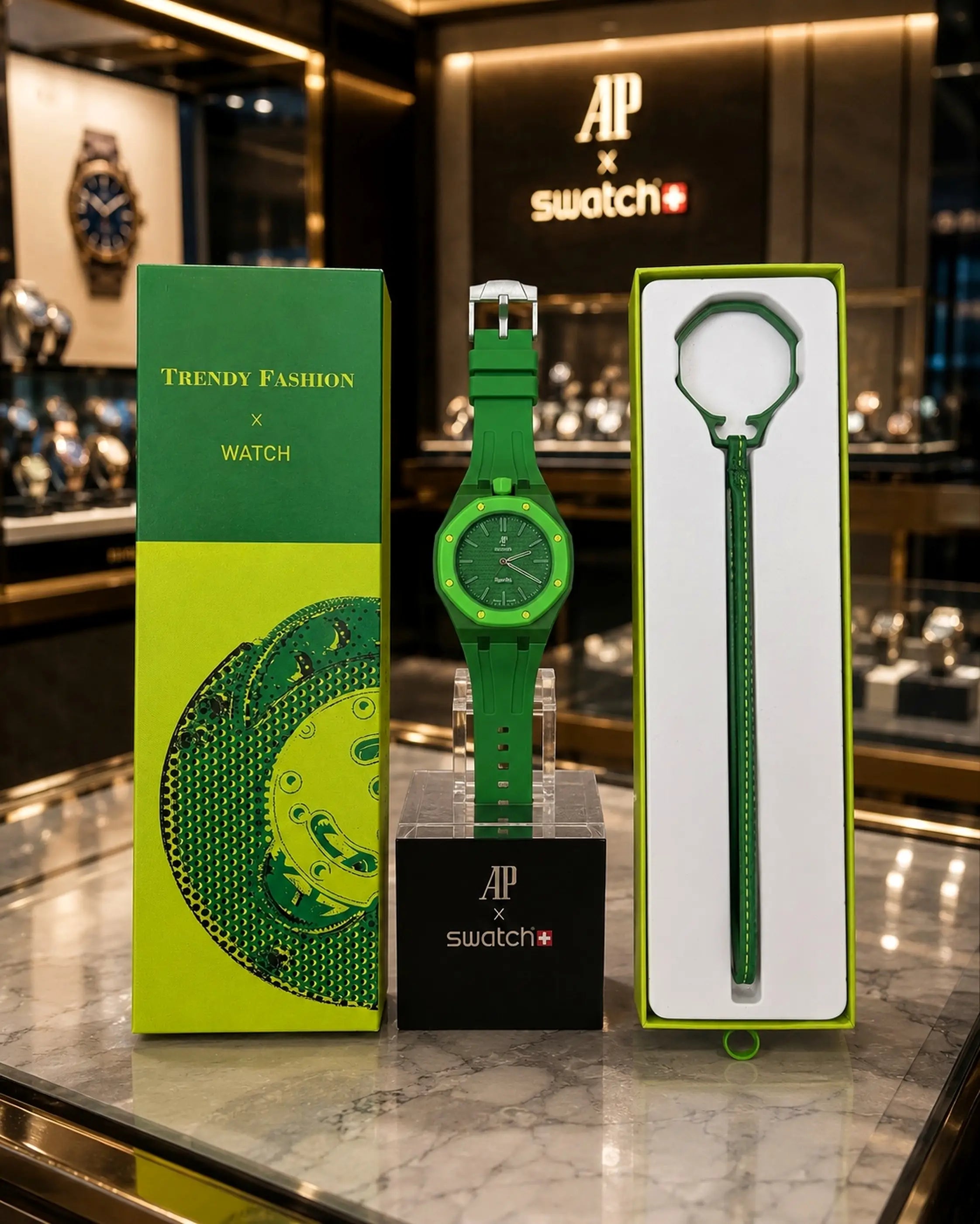 AP SWATC_H X ROYAL POP WITH BOX & SILICON STRAP GREEN