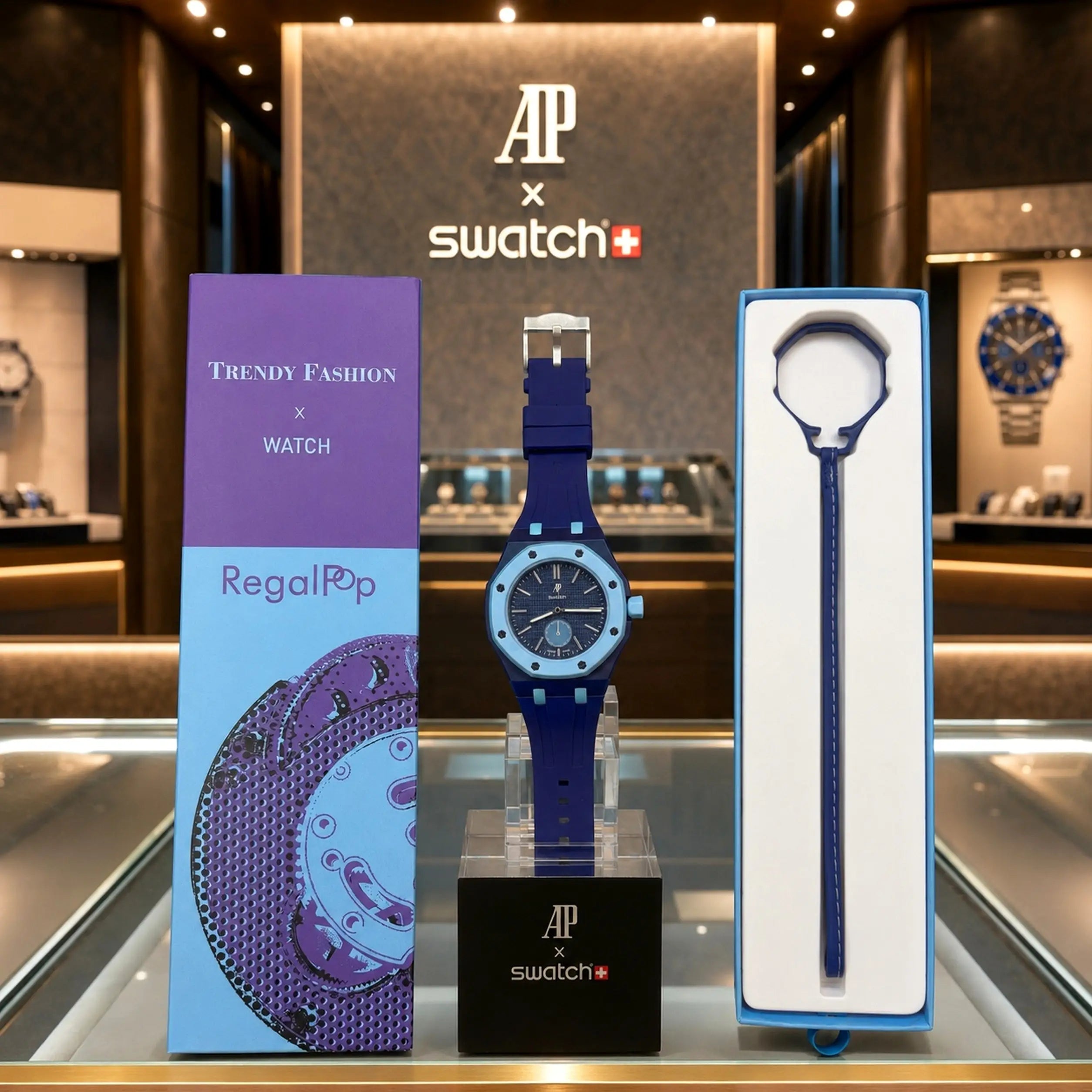 AP SWATC_H X ROYAL POP WITH BOX & SILICON STRAP  BLUE