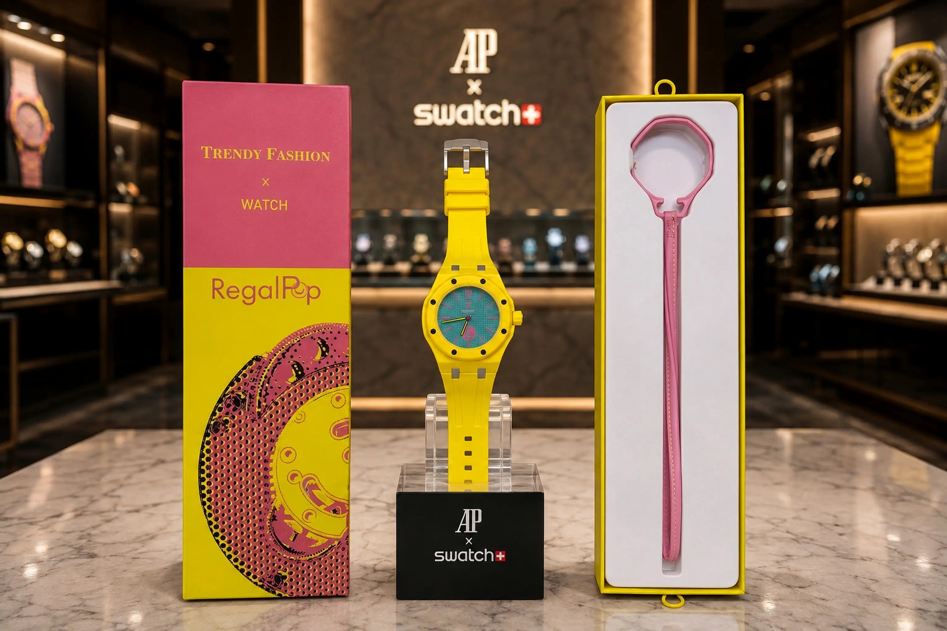 AP SWATC_H X ROYAL POP WITH BOX & SILICON STRAP GREEN YELLOW