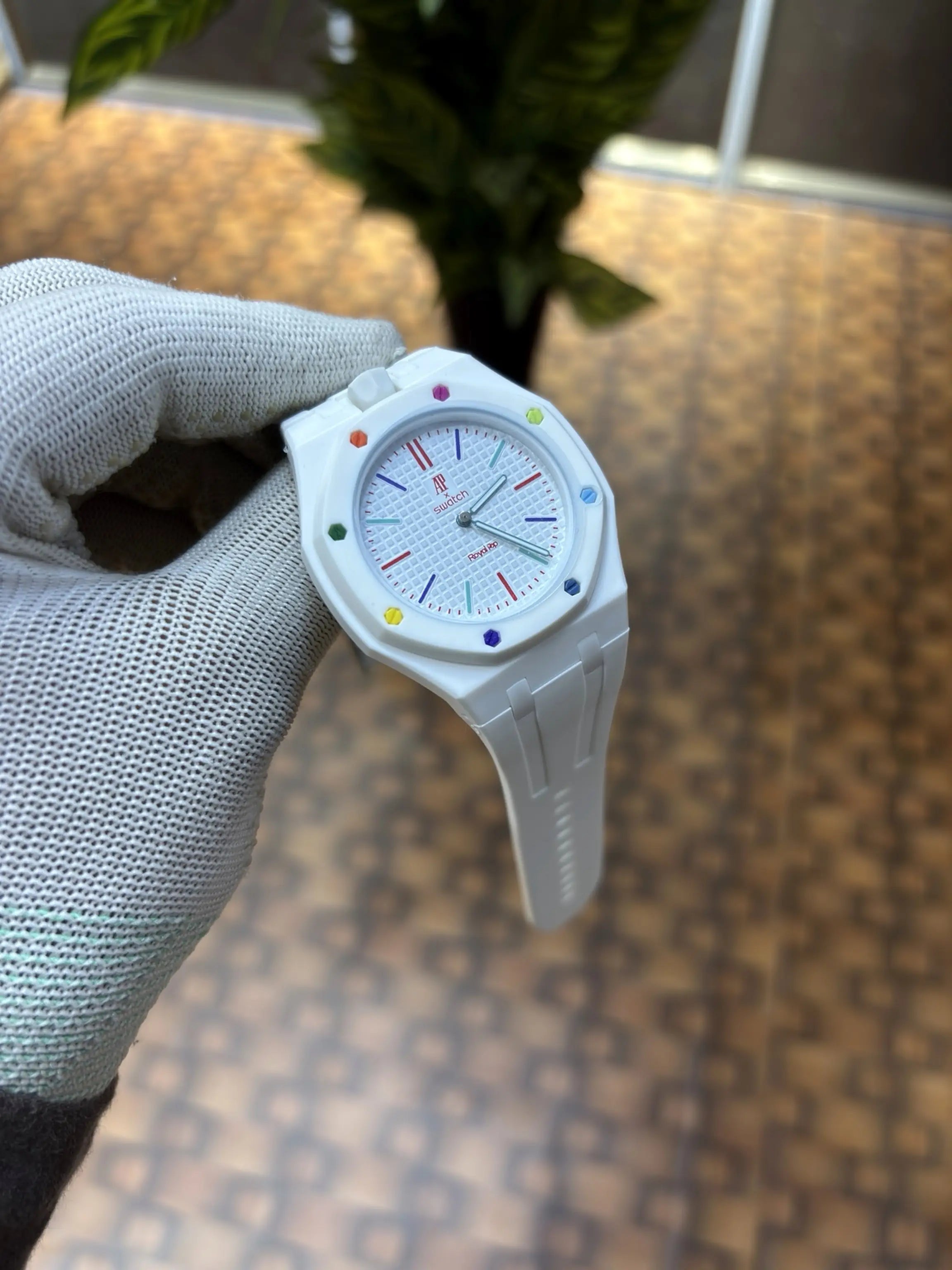 AP SWATC_H X ROYAL POP WITH BOX & SILICON STRAP WHITE