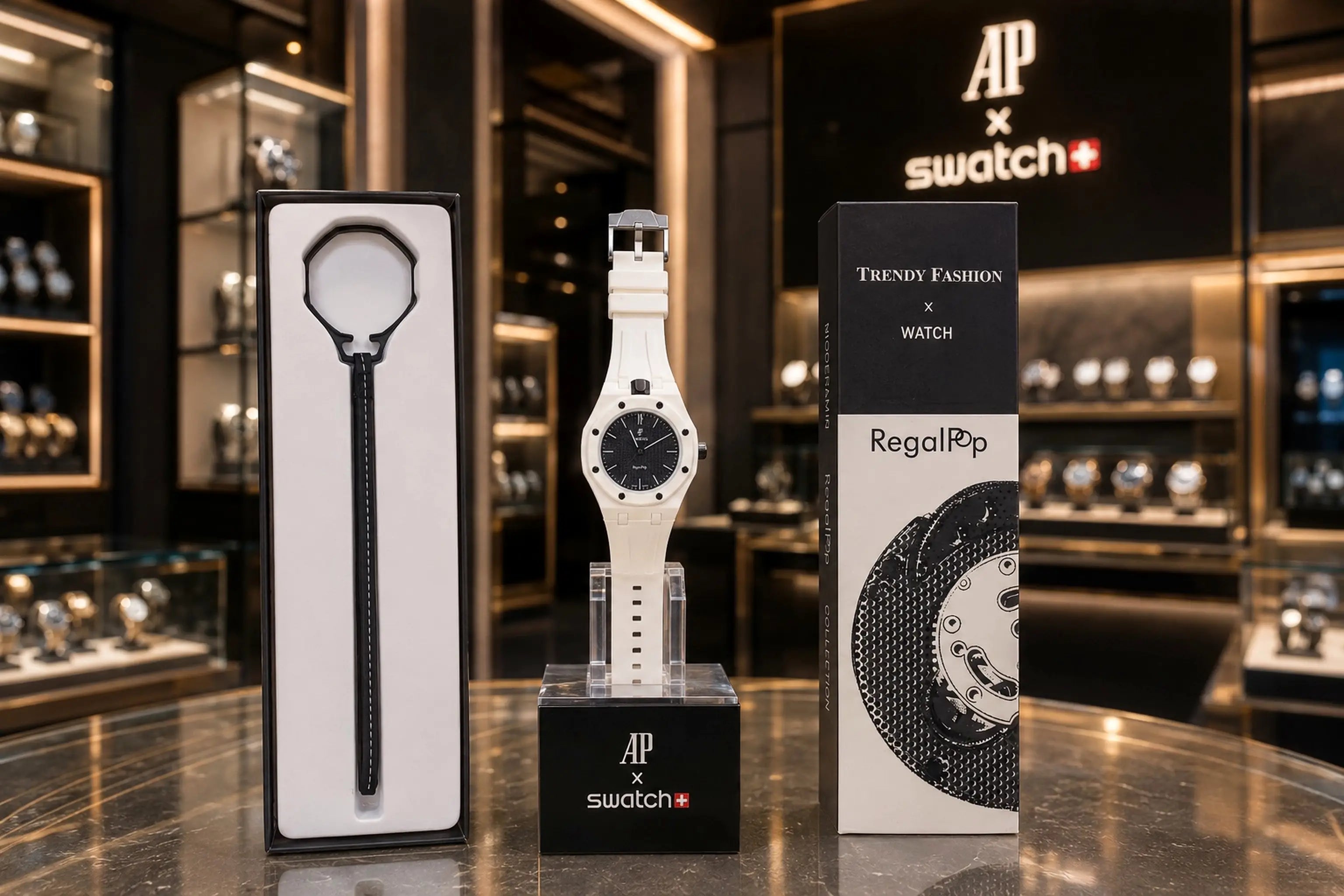 AP SWATC_H X ROYAL POP WITH BOX & SILICON STRAP WHITE BLACK