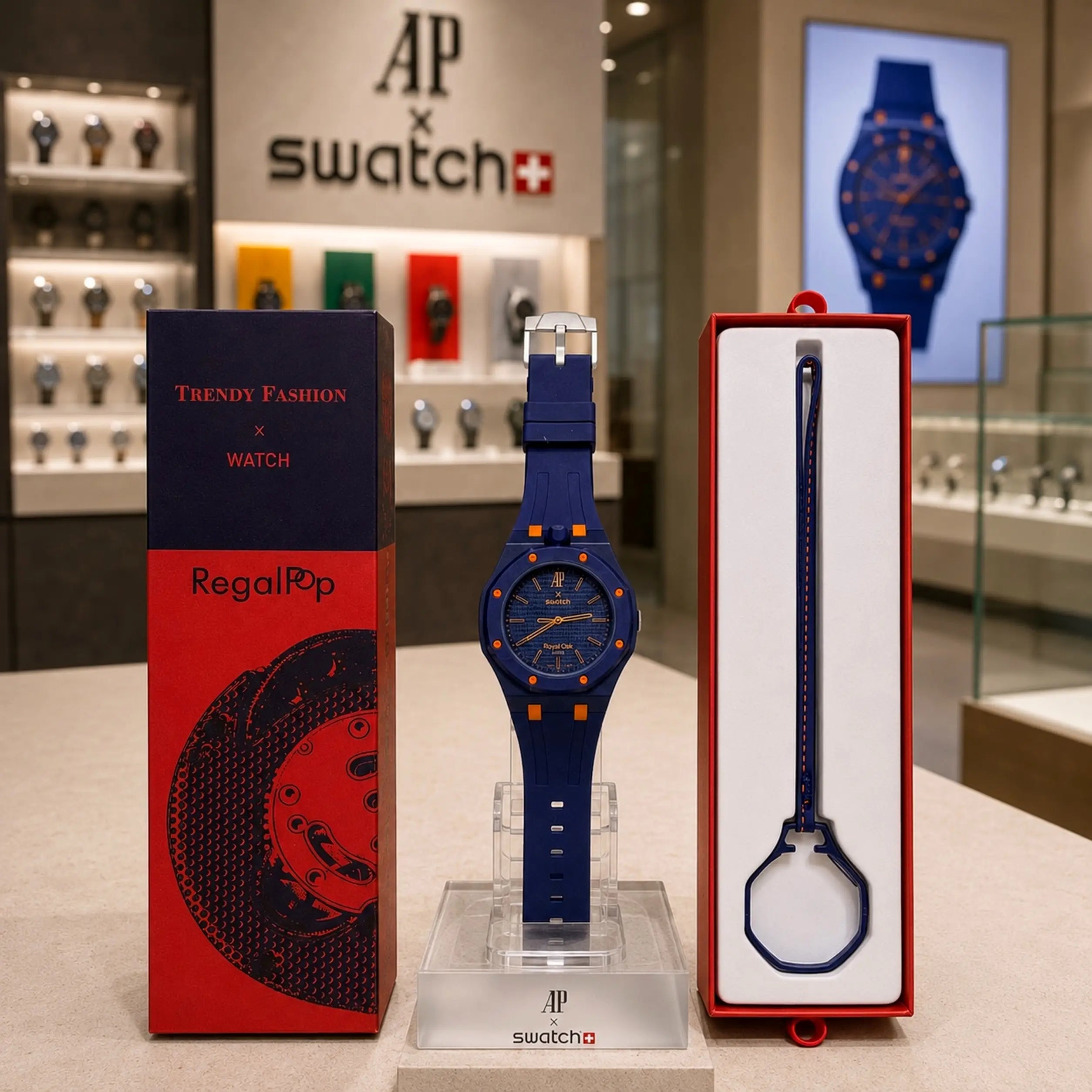 AP SWATC_H X ROYAL POP WITH BOX & SILICON STRAP DARK BLUE